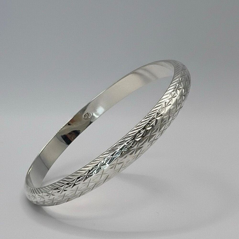 Vintage Style 925 Sterling Silver Bangle Bracelet Etched Diamond Pattern Elegant